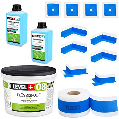 Dichtset 12 Kg Flüssigfolie, Eckfugen, 20m Dichtband, Tiefengrund 2 L, Abdichtungsset Bandset Dusche Bad SET321