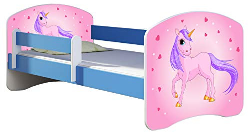ACMA Kinderbett 140x70 cm Blau mit Matratze & Lattenrost – Jugendbett mit Rausfallschutz, personalisiertes Motiv 17 Pony, stabiles Kinderbett für Kinderzimmer, belastbar bis 120 kg