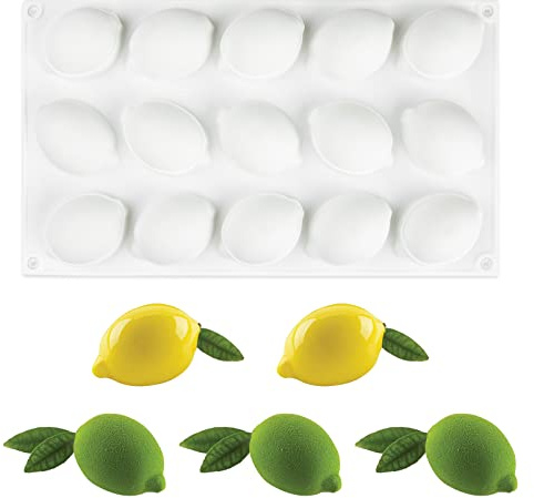 FVVMEED Lemon Shape Silicone Molds Mousse Cake Mold Cakes Non-Stick 3D Baking Pan Dessert Cheesecake Bakeware Mould For DIY Pastry Candy Chocolate Jelly Fondant Candy Cupcake Soap Candle, 15-Cavity