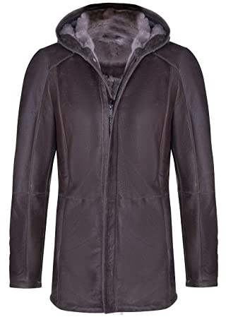 Infinity Leather Brauner Schafspelz-echter Lammfell-klassischer Leder-Parka-Mantel mit Kapuze für Herren L
