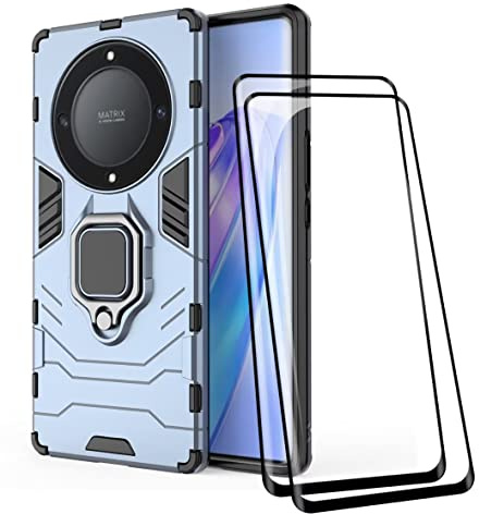 COMAKU Funda de Armor para el Honor Magic5 Lite 5G/Magic 5 Lite, Carcasa TPU+PC Antigolpes con Anillo Soporte [con 2 Pack Protector de Vidrio Templado para Pantalla ] - Azul