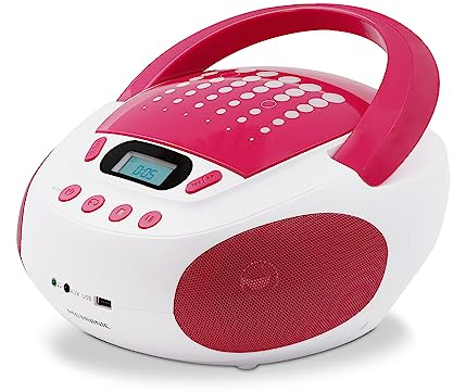 Reproductor de CD Infantil MP3 Pop Pink con Puerto USB de alimentación o Pilas - Blanco y Rosa
