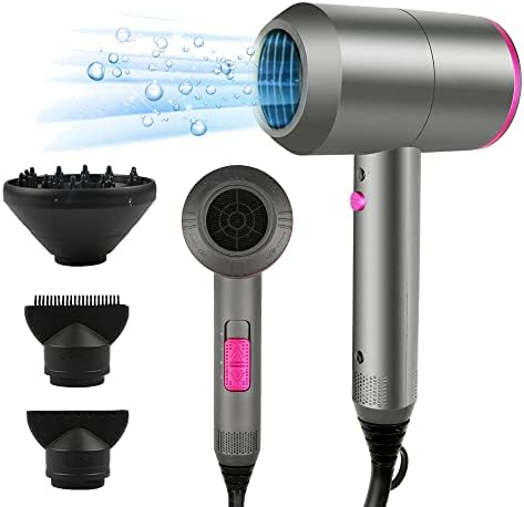 HappyGoo Föhn Ionen Haartrockner 2000W AC Motor Professioneller Fön mit 3 Hitze-Einstellungen, Kaltlufttaste mit 1 Diffusor & 2 Konzentratoren für viele Frisuren Grau