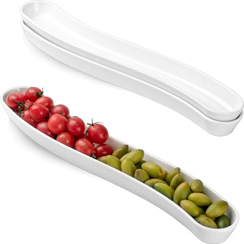 Dizada Olive Plates 3-Pack 17 - White Porcelain Long Arc Boat Trays, Ceramic Appetizer Platter for Charcuterie, Snacks, Entertaining, Dishwasher Microwave Oven Safe