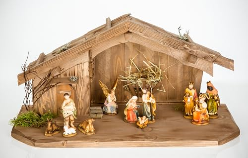 Woidwerk Manufaktur Weihnachtskrippe aus Holz-Braun (W08+Figuren) Krippe Krippenstall Weihnachten Weihnachtskrippen Tischkrippen Krippenfiguren
