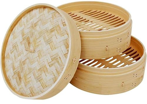 2 Tiers Bamboo Steamer, Steaming Basket Tray, Reusable Steamer Liner for Dumplings Vegetables Fish Rice Buns, Saving Cooking Time (A 24cm)