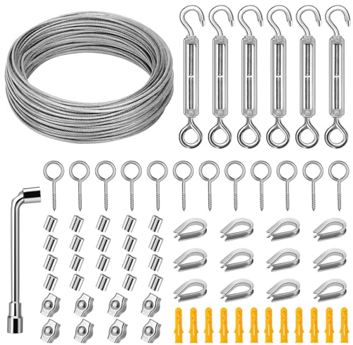 DIYLAND Kit Fune Metallica, 35m/2mm Cavo in Acciaio Inox, M4 Tenditori Kit Tendifilo, Filo da Giardino per Piante Rampicanti, Immagine, Ombreggiatura di Sicurezza, Traliccio di Vite, Corda per Tenda