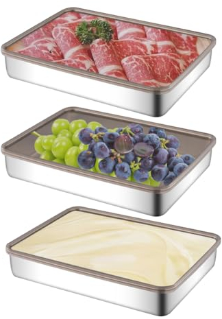 Set mit 3 Aufschnittbox Fresh, Aufschnittboxen für Kühlschrank, Edelstahl Aufschnittdose mit Deckel, Mehrweg, Stapelbare Edelstahl-Box, Frischhaltedose Luftdicht zur Aufbewahrung von Wurst, Käse