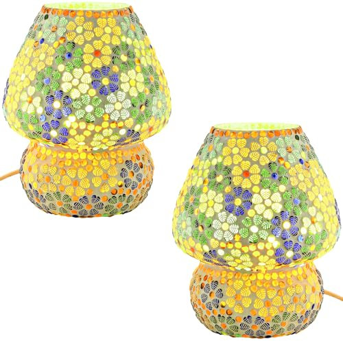 Marrakesch 2er Set Boho Deko Tischlampe Nachttischlampe 23cm groß | Deko Aesthetic Tischleuchte Lampe im Wohnzimmer Schlafzimmer & Kinderzimmer | Tischleuchte Aubina -3- aus Mosaik E27 Lampenfassung