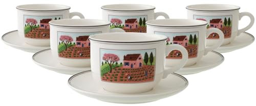 Villeroy & Boch Design Naif Lot de 6 tasses à thé avec soucoupes, en porcelaine de qualité supérieure, avec motifs de paysages pour 6 personnes, multicolore