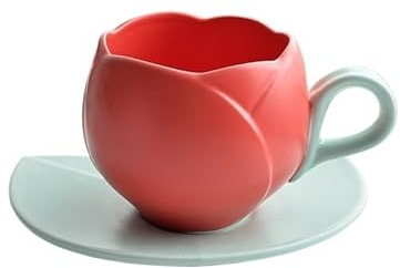 Tazzine Caffe Set di tazze e piatti in ceramica con marchio di fiori da 280/300 ml Tazza da caffè vintage tulipano Tazza da tè pomeridiano rosa rosso squisito Tazzine Caffe Particolari(Red 1)