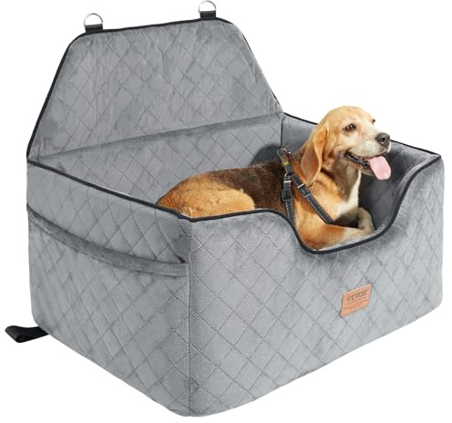 VEVOR Seggiolino da Auto per Cani di Media Taglia 25kg, Rialzo con Tasca Portaoggetti, Guinzaglio di Sicurezza con Clip, Imbottitura in Spugna, Cuccia da Auto per Animali, Grigio