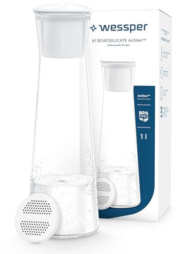 Wessper Carafe filtrante en verre borosilicaté 1L Blanc, Transparent, réduit le chlore et autres impuretés organiques pour une eau du robinet plus pure, avec 1 Filtre à Eau Actitex inclus