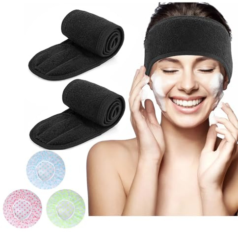2 Pièces Bandeaux Cheveux en Microfibre avec Tape - Serre-tête Large Noir, Lavables et Ajustables, avec 3 Bonnets de Douche Jetables Colorés, Accessoires Idéaux pour Maquillage
