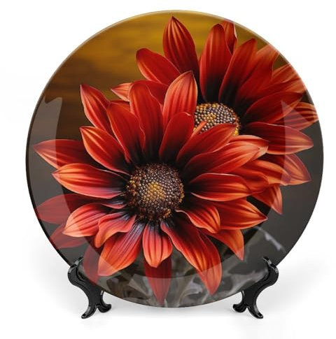 QWJKM Rote Sonnenblumen-Dekoteller aus Knochenporzellan, 17,8 cm, bedrucktes Muster, Keramikteller mit vertikalem Ständer, runder Porzellanteller, elegantes Kunsthandwerk für Damen und Herren,