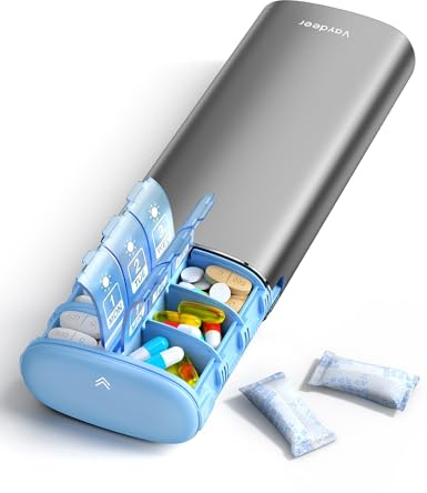 VAYDEER Pastillero AM/PM 7 Días de Metal, Gris | Dos compartimentos diarios y carcasa metálica para organizar pastillas, vitaminas y suplementos