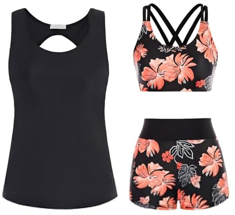 Generisch 3-teiliger Tankini Damen Bauchweg Bademode Set Tank Top mit Push-up-Bikinioberteil und High Waist Badeshorts Boho Einfache Badebekleidung Damen-Sport-Badeanzug für Schwimmbad Strand