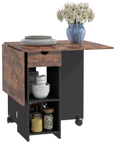 HOMCOM Folding Dining Table, Drop Leaf Table for Small Spaces, Foldable Table with Drawer and Storage Shelves for Kitchen, Dining Room, Rustic Brown