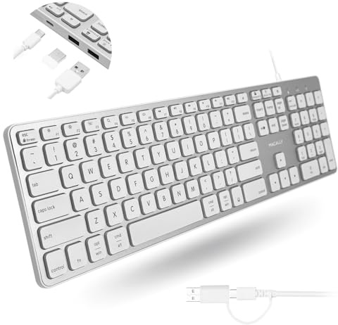Macally Clavier filaire pour Mac avec hub USB (2 x USB-A / 1 x USB-C) – Compatible clavier Apple rétroéclairé avec double interface – Détection automatique du système d'exploitation pour Mac, MacBook