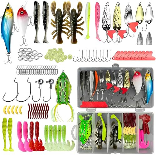 Angelzubehör Set, Afenau 107 Stück Angelköder Set mit Angelkasten, Angel Köder Box, Angelset Komplett Anfänger für Hecht Forelle Zander Barsch für Süß- und Salzwasser