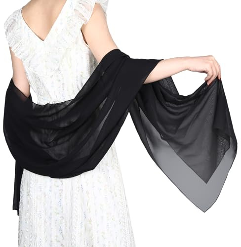 GENZYRE Sheer - Sciarpa in chiffon, stola per abito da sera, da donna, in morbido chiffon, leggero, sciarpa estiva, per matrimoni, feste e feste, Nero, L
