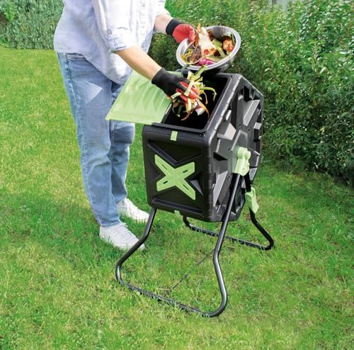 Compostiera a tamburo da 60 l, girevole per giardino, resistente ai raggi UV, alle intemperie e ventilata, per rifiuti di cucina e giardino