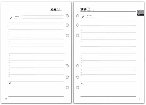 2026 Kalender Einlage A5, 6-Loch, 1 Tag pro Seite mit Monatsübersicht, Notizen, Kontakt, Januar-Dezember, A5 Kalendereinlagen 2026, Tageskalender