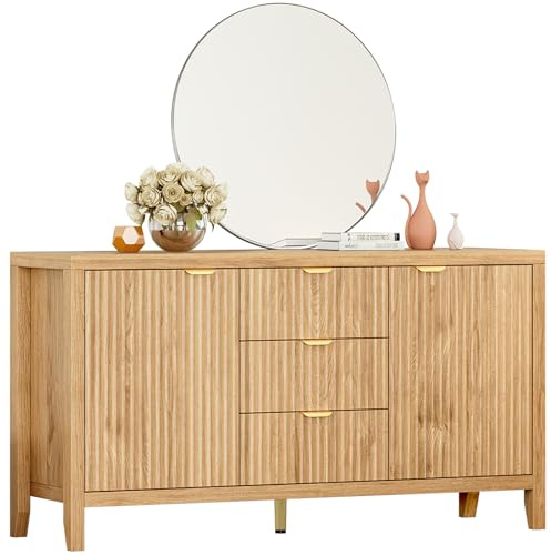 Fuyoula Credenza soggiorno in legno con 3 cassetti e 2 ante, mobile credenza cucina moderno 118×39×65 cm sideboard elegante, Naturale
