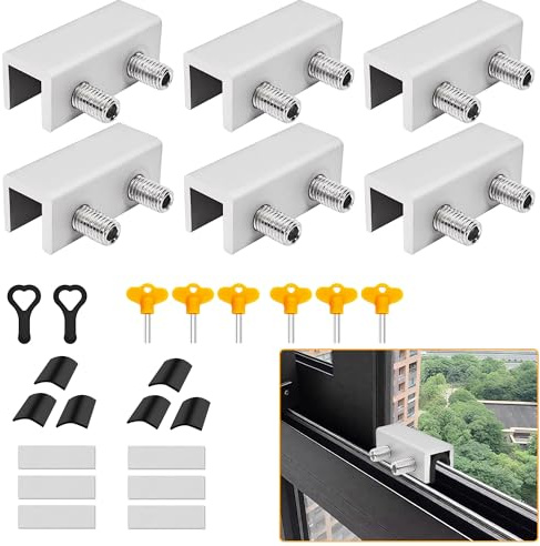 Jayseon 6 Pack Window Locks with Key, Adjustable Sliding Window Locks for Up and Down Windows & Horizontal Windows Stoppers Security Sliding Glass Patio Door Lock, Aluminum