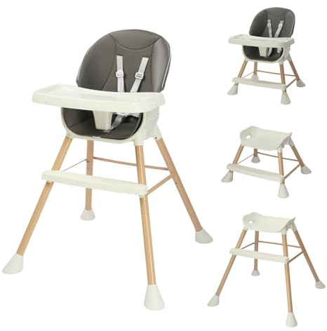 Bonnlo 4-in-1 Convertible Baby High Chair, Adjustable Height Highchair with Removable Double Trays and 5-Point Harness, Multi-Functional Feeding Chair for Toddlers 6-36 Months (Grey)