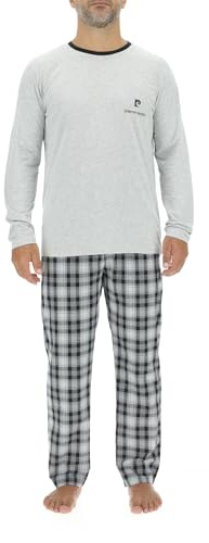 Pijama Hombre Largo Algodón, Ropa de Dormir Hombre, Conjunto de Camiseta y Pantalones, Gris Jaspeado y Negro, XL