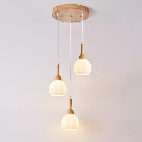 Wmmner Lampadari Moderni a 3 Luci in Vetro, Lampada a Sospensione in Vetro per Isola Cucina, Lampada a Sospensione in Legno, Lampada a Sospensione per Sala da Pranzo (B, Lunga)/Grigio Lupo/Rotonda