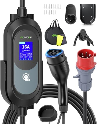 Evjuicion Cargador Coche electrico, Cargador de Coche eléctrico de 11 kW CEE trifásico [6-16A, 0-12H, 6M] portabilidad con Soporte de Pared y Soporte para Cable, para Vehículos Eléctricos Tipo 2 con