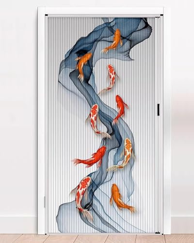 Falttür Innentüren Dekorative Faltschiebetür mit Koi-Muster, Einziehbare Innentür für Schlafzimmer/Flur, Faltbare Fliegengittertür mit Schloss & Doppelseitigem Klebeband(45x80in (114.5x203cm))
