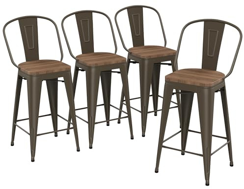Yongqiang 26 inch Bar Stools Set of 4, Metal Counter Height Barstools with High Back Large Seat Modern Farmhouse Kitchen Bar Chairs Rusty