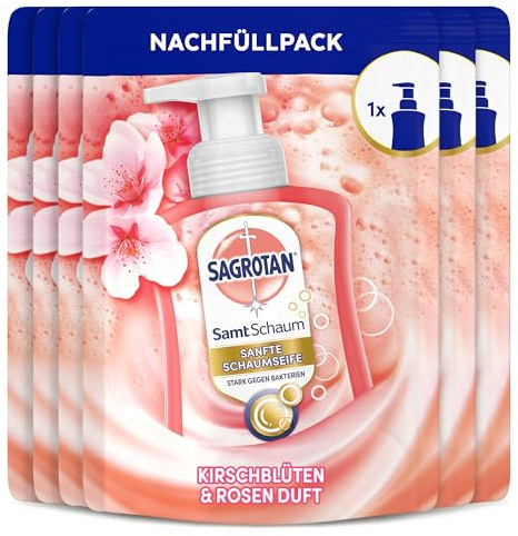 Sagrotan Samt-Schaum Nachfüller Kirschblüte & Rose – Antibakterielle Schaumseife – 6 x 250 ml im praktischen Vorteilspack