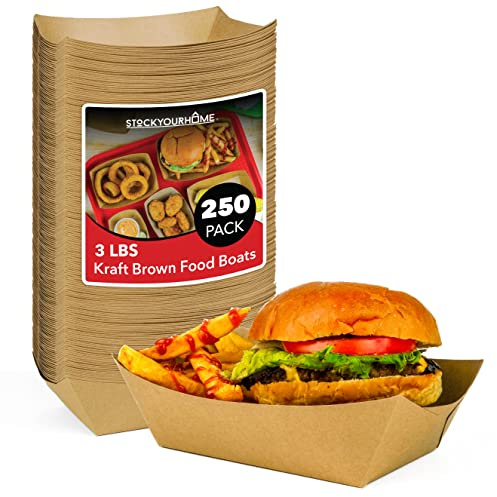Stock Your Home [250 Pack] Extra Large Disposable Brown Kraft Paper Food Trays, 3-Lb Concession Tray, Serving Boats for Party Snacks, Taco Bar, Seafood, Nachos Plates
