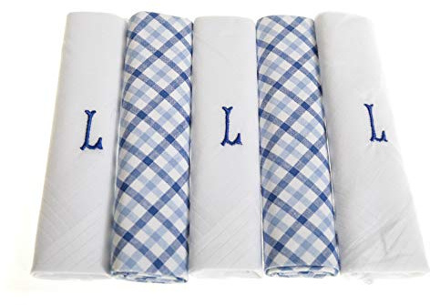Surf the Shop Pack of 5 Mens Initial Embroidered White Handkerchiefs with Satin Border and Blue Check Handkies, Various Letters