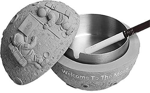 PPGE Home Aschenbecher mit Deckel Astronaut Landung Auf Dem Mond Aschenbecher für Zigaretten Weltraum Geruchsdicht Aschenbecher für Draußen Zuhause Büro Balkon Rund Dekoration -Zement-
