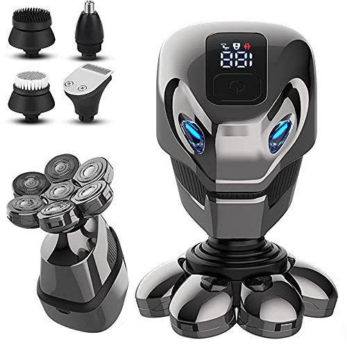 Rasoir Electriques Hommes,5 En 1 Rasoirs à Têtes Rotatives Tondeuse à Barbe USB Rechargeable secs & humides Rasoir Nez Avec écran LCD et Brosse pour le Visage IPX7 Étanche