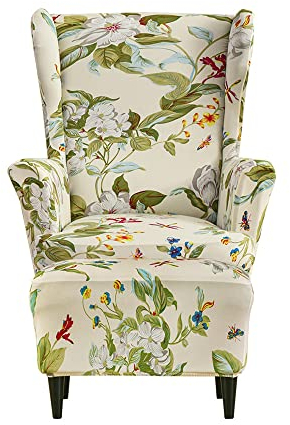 Highdi 2 Teilig Ohrensessel Überzug Mit Ottomane Schonbezug, Sessel-Überwürfe Ohrensessel Schonbezüge Bezug Sesselhusse Stretch Tiger Stuhlbezug mit Armlehne Hohe Rückenlehne (Blumen und Blätter)