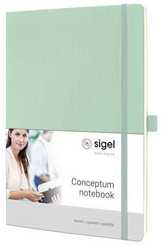 SIGEL CO334 Premium Notizbuch A4 kariert grün, Softcover, 194 nummerierte Seiten,, nachhaltiges Papier, mit Inhaltsverzeichnis, Stiftschlaufe, Falttasche, Gummibandverschluss, Conceptum