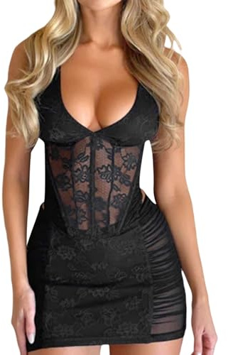 MAHUAOYIXI Abito Corto Donna Elegante Aderente Cintura Lisca di Pesce Estivo Patchwork Plissettato Corsetto Push Up Scollo V Sexy Vestito da Cerimonia Abito da Festa Casual (Nero A, L)
