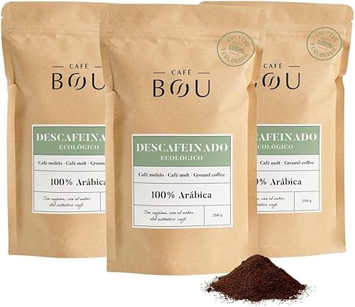 Café BOU - Molido Descafeinado Ecológico Espresso | 3x250g | Sin cafeína, proceso natural con agua, sin químicos ni pesticidas