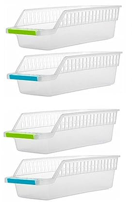 Set Of 4 Slim Fridge Storage Box Organiser Trays Clear Veg Rack Food Storage Shelf Cupboard Baskets