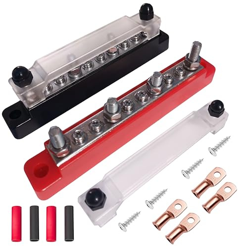 Tiwerlfe 10 Way Power Distribution Block Bus Bar 12v, 4 X 3/8 Posts, 6 X #8 Screws Terminals，Battery Bus Terminal Block with Cover 12 Volt Negative and Positive