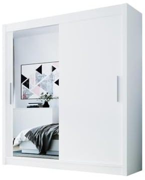 Easy4You D1 180 cm Weiß Schiebetüren Kleiderschrank 180x215x58 cm mit Spiegel - Schlafzimmermöbel, Aufbewahrung - Mehrzweckschrank
