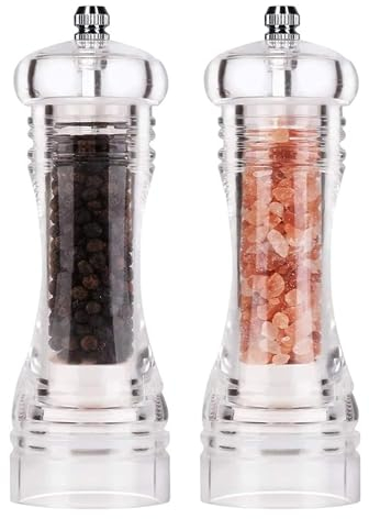 TONZN Moulin à sel et à Poivre, Shaker au sel de mer et au Poivre avec Noyau en céramique réglable, Ensemble de moulins à sel et à Poivre Rechargeables (Transparent 2 pièces)