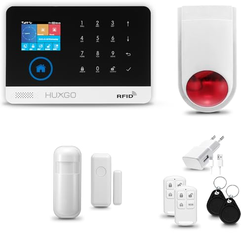 HUXGO® HXA003 Sistema di allarme casa senza fili con radio Sirena esterna WiFi + GSM | Impianto allarme casa kit con 1x sensori di allarme per finestre/portes, 1x rilevatori di movimento