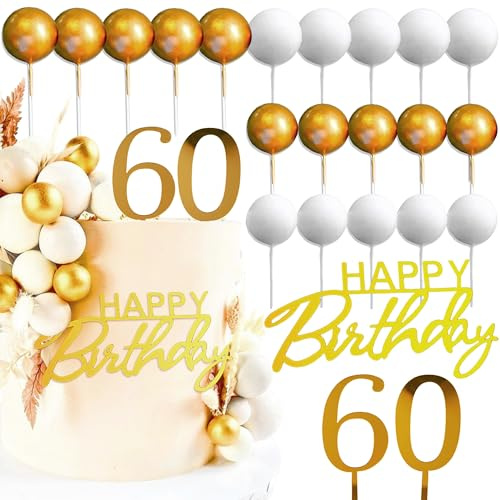 JeVenis décoration de gâteau d'anniversaire en or blanc pour 60 ans boules d'or pour 60 ans signe de joyeux anniversaire pour or blanc fournitures de fête pour anniversaire favors